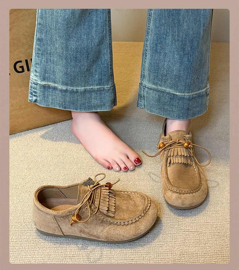 フリンジ モカシン ローファー フラットソール レディース 秋冬 レースアップ 軽やか 通気性 抜群 つま先あり 上品 おしゃれ_カーキ/ブラウン 35-40