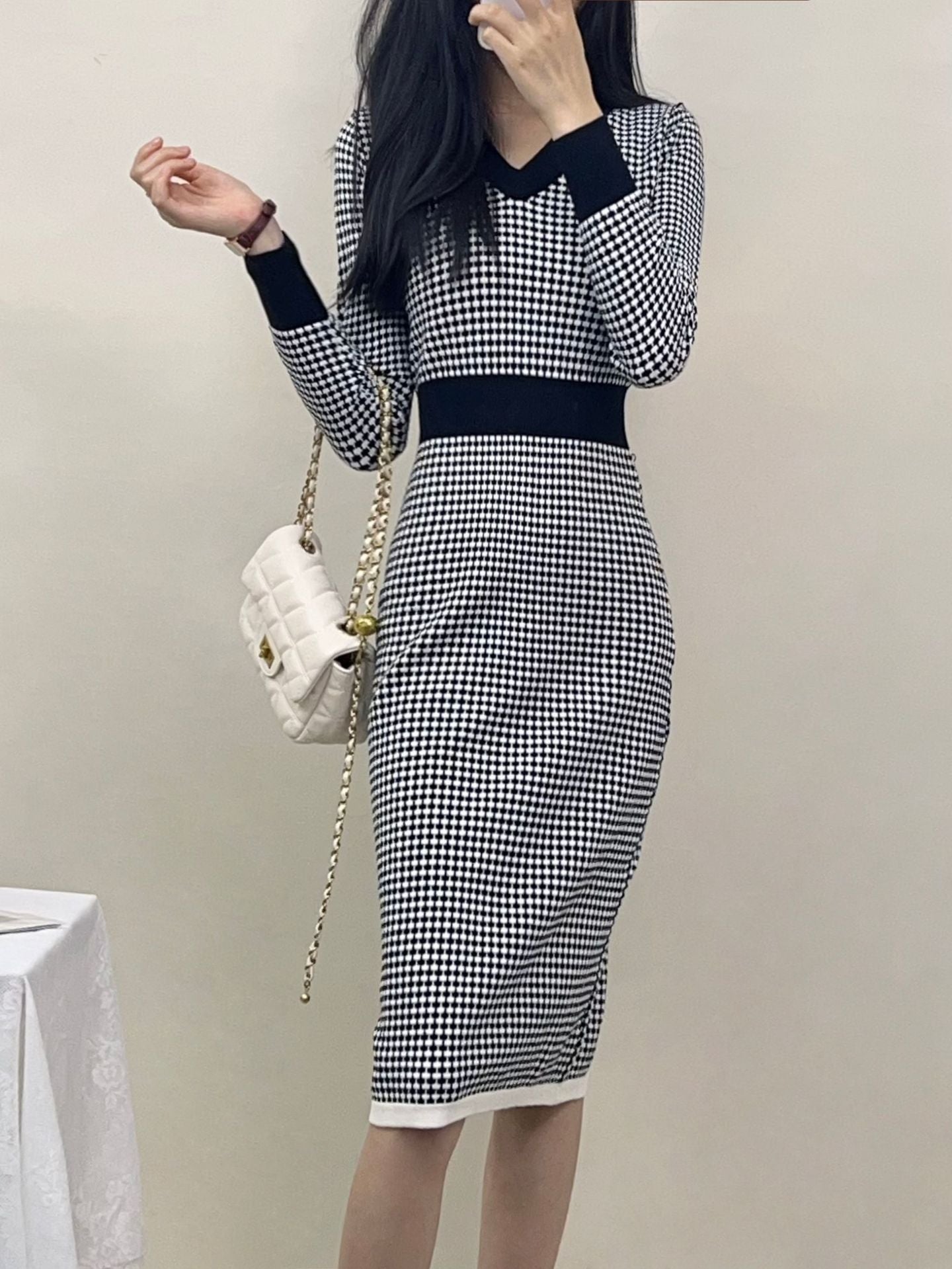 フレンチ風 春 ワンピース 高級感 ミディ丈 ニット レディース 上品 お姉さん風