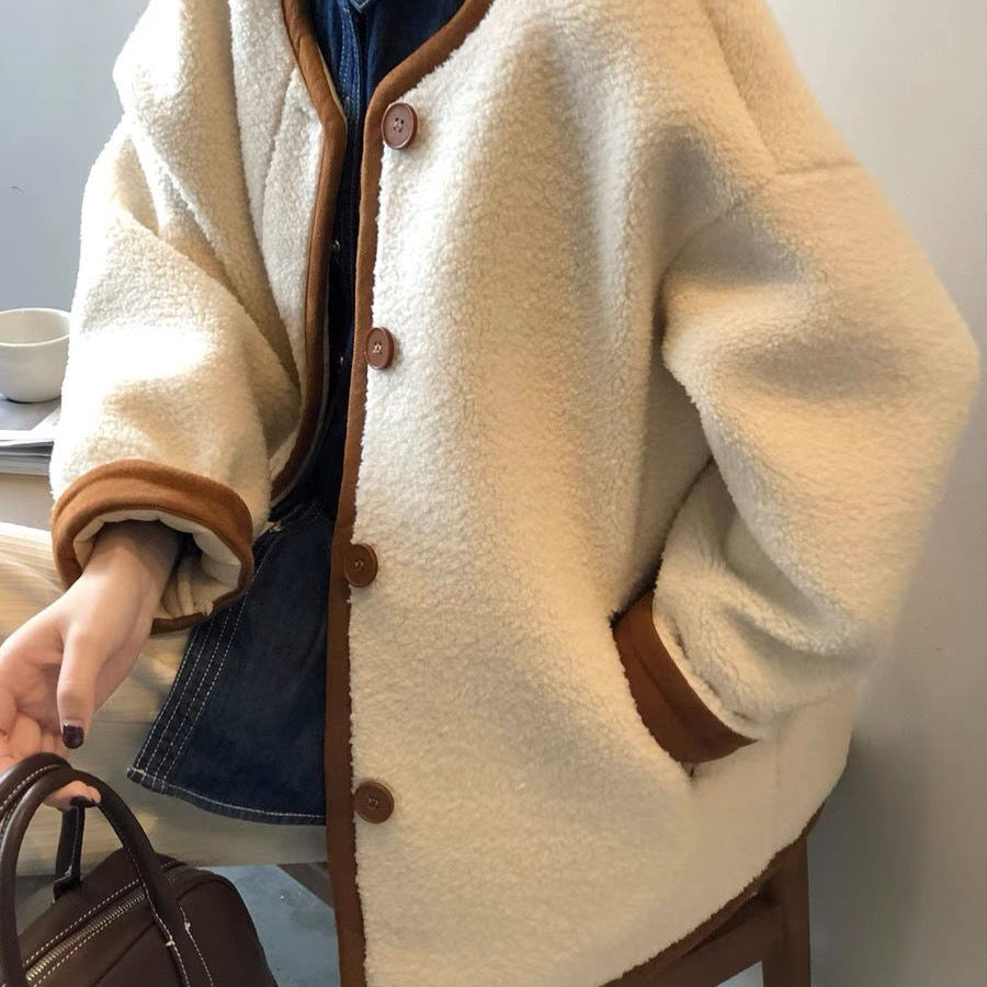 ボア風 ノーカラー カーディガン ジャケット_レディース_秋冬_長袖 ボタン ポケット ゆったり 大きいサイズ 軽やか_オフホワイト/ラクダ_M-3XL