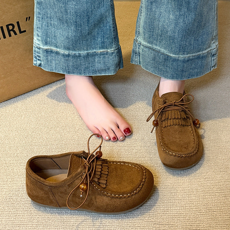 フリンジ モカシン ローファー フラットソール レディース 秋冬 レースアップ 軽やか 通気性 抜群 つま先あり 上品 おしゃれ_カーキ/ブラウン 35-40