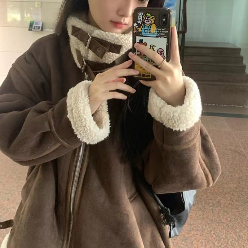 ムートン風 ボアジャケット レディース 秋冬 裏ボア ジップアップ 綿混 ゆったり 大きめ 通勤 通学 ブラウン S-XL