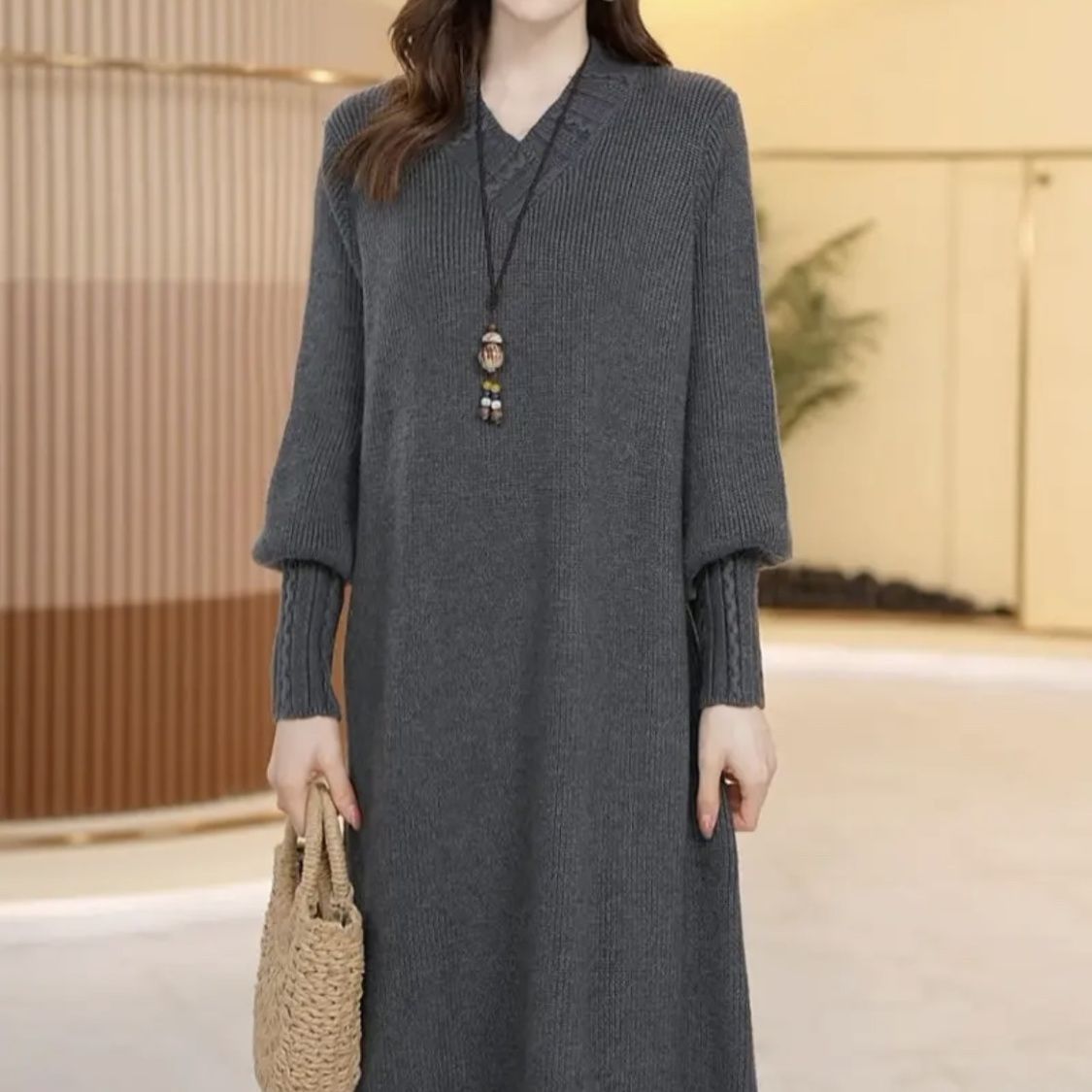 アイスシルク ニット ロングワンピース レディース 春夏秋 涼感 通気性 きれいめ 上品 ゆったり 体型カバー 長袖 ロング 通勤 オフィス 大きいサイズ グレー グリーン ネイビーブルー ブラック ラクダ M-6XL