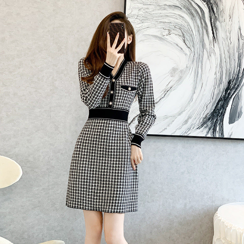 春 夏 新作 小香風 高級感 長袖 Aライン ニット ワンピース 着痩せ