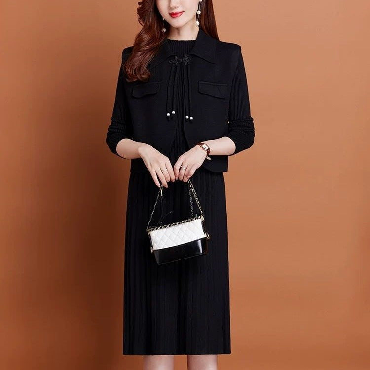 プリーツ ニット ワンピース ベスト風 セット見え_レディース_秋冬_長袖 ロング きれいめ 上品 通勤 オフィス映え 伸縮性 抜群_ラクダ M