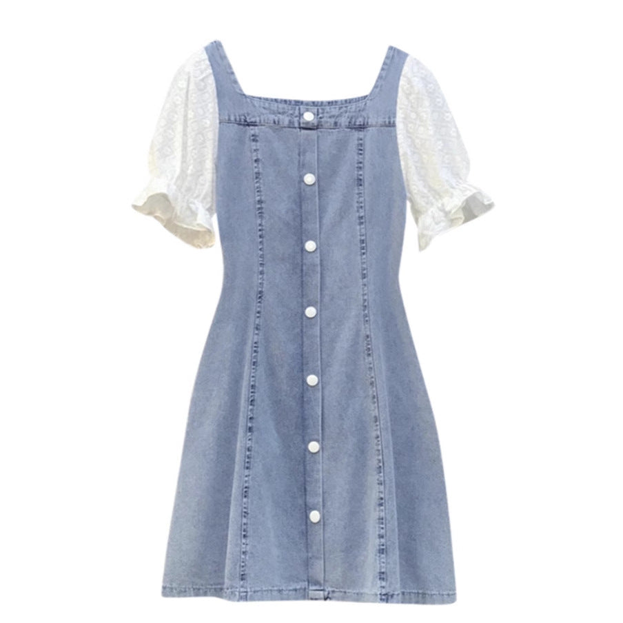 フランス風 夏 新作 小柄 パフスリーブ デニム ワンピース レディース 高級感 デザイン感◎