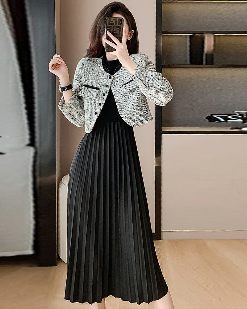 プリーツ ワンピース セットアップ ツイード風 ショートジャケット_レディース_秋_長袖 ロング 2way オフィス 通勤 上品 きれいめ_カーキセット/ブラックセット_S-2XL