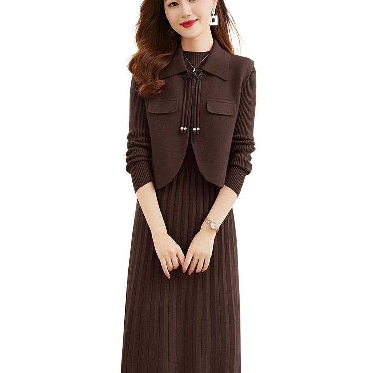 プリーツ ニット ワンピース ベスト風 セット見え_レディース_秋冬_長袖 ロング きれいめ 上品 通勤 オフィス映え 伸縮性 抜群_ラクダ M