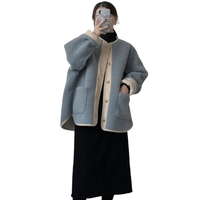 ボア ジャケット ノーカラー 長袖 レディース 秋冬 ゆったり 大きいサイズ きれいめ 上品 羽織 通勤 通学 ヘイズブルー アプリコット M-4XL