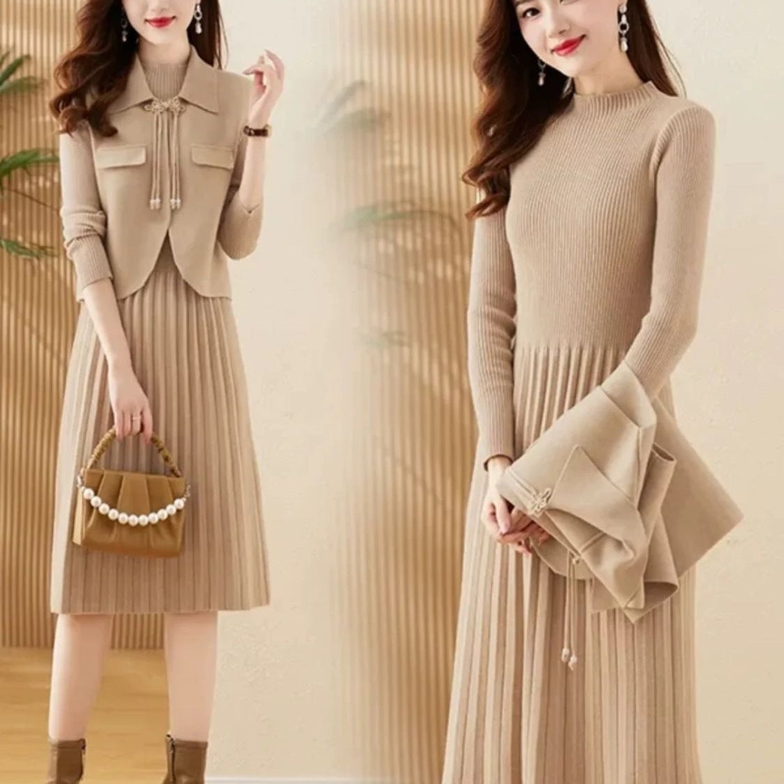 プリーツ ニット ワンピース ベスト風 セット見え_レディース_秋冬_長袖 ロング きれいめ 上品 通勤 オフィス映え 伸縮性 抜群_ラクダ M