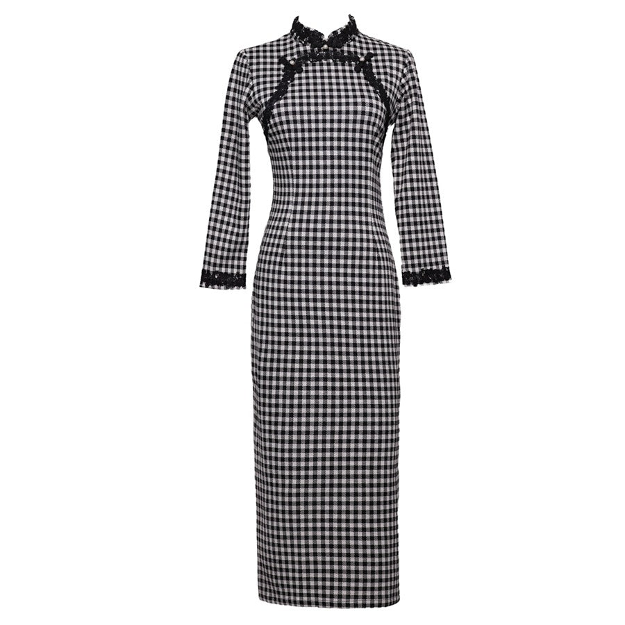 ギンガム格子 チャイナ風 ワンピース レディース 秋 長袖 とろみ素材 レース モノトーン ロング きれいめ オフィス映え 通勤 格子 S-3XL