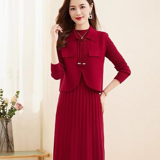 プリーツ ニット ワンピース ベスト風 セット見え_レディース_秋冬_長袖 ロング きれいめ 上品 通勤 オフィス映え 伸縮性 抜群_ラクダ M