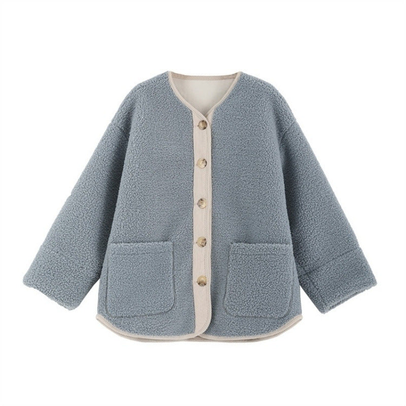 ボア ジャケット ノーカラー 長袖 レディース 秋冬 ゆったり 大きいサイズ きれいめ 上品 羽織 通勤 通学 ヘイズブルー アプリコット M-4XL