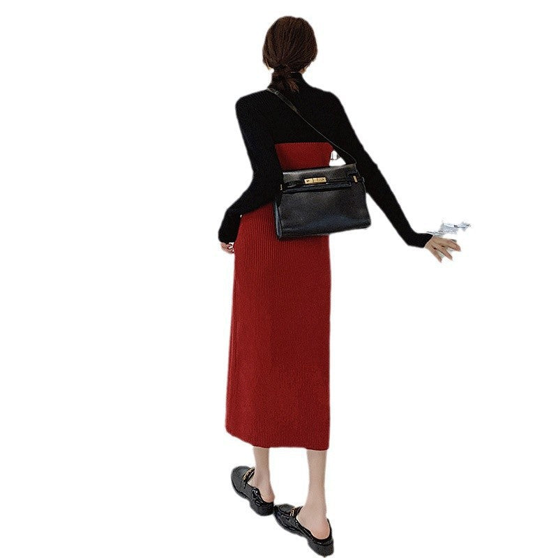 リブニット バイカラー ワンピース レディース 秋冬 ハイネック ロング 長袖 きれいめ オフィス 通勤 上品 大きいサイズ ブラック/レッド S-2XL