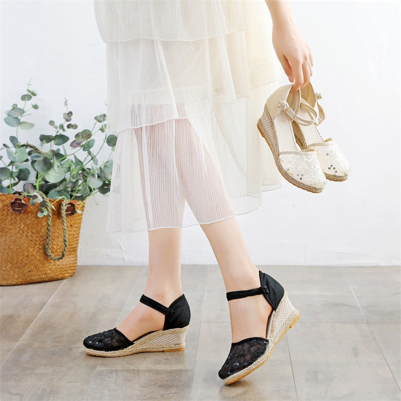 レディースサンダル ウェッジヒール メッシュ 麻ニット