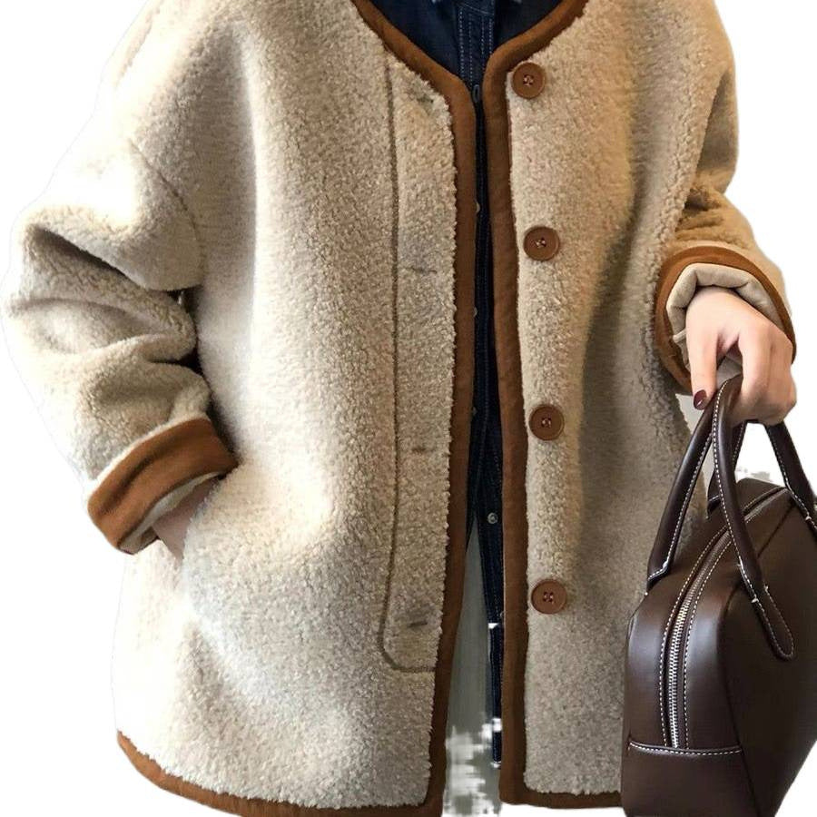 ボア風 ノーカラー カーディガン ジャケット_レディース_秋冬_長袖 ボタン ポケット ゆったり 大きいサイズ 軽やか_オフホワイト/ラクダ_M-3XL