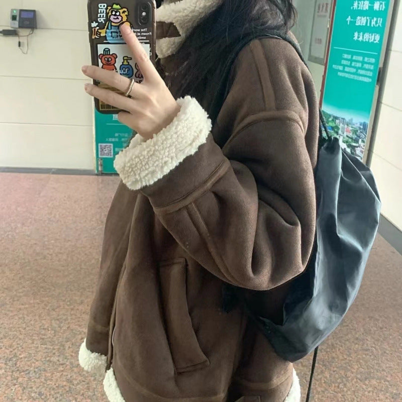 ムートン風 ボアジャケット レディース 秋冬 裏ボア ジップアップ 綿混 ゆったり 大きめ 通勤 通学 ブラウン S-XL