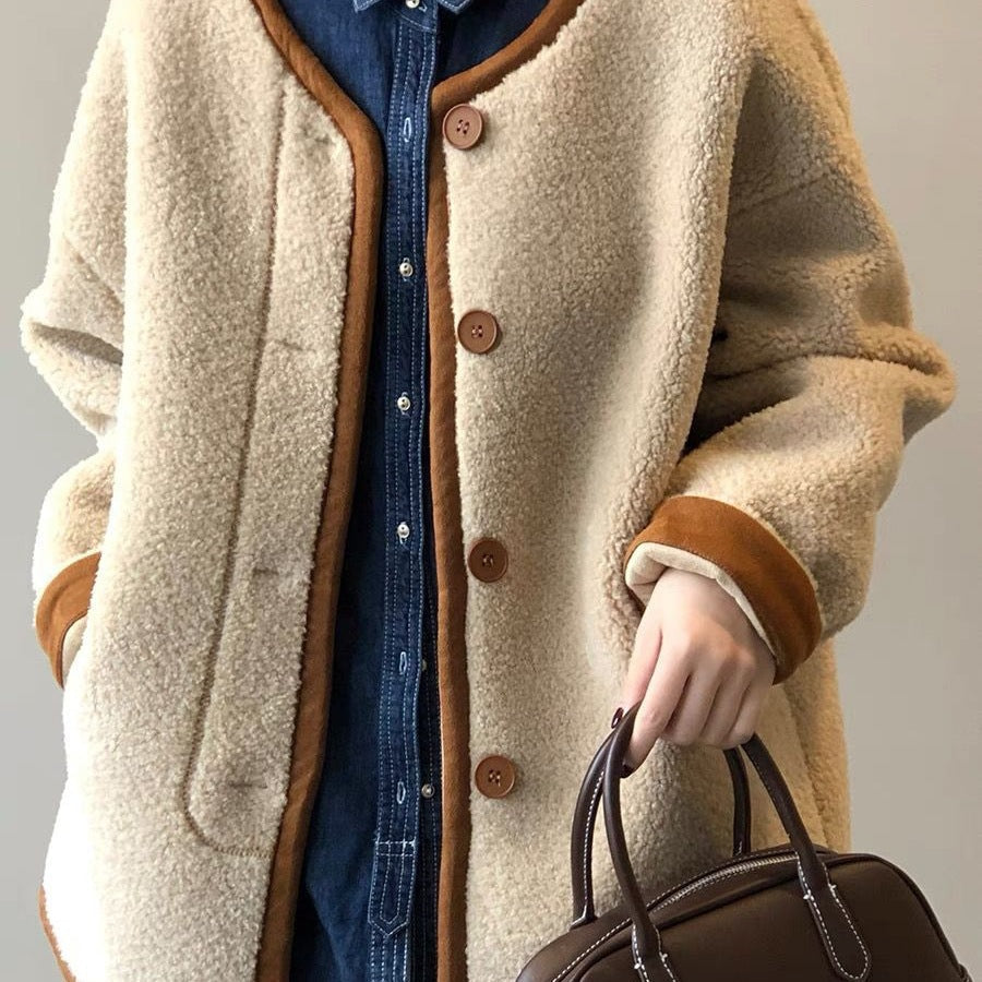 ボア風 ノーカラー カーディガン ジャケット_レディース_秋冬_長袖 ボタン ポケット ゆったり 大きいサイズ 軽やか_オフホワイト/ラクダ_M-3XL