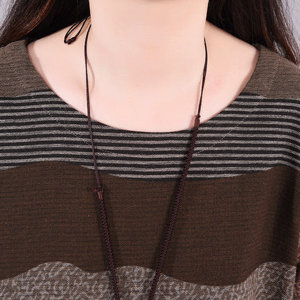 綿麻 ロング ワンピース Aライン 長袖 体型カバー ポケット付き レディース 秋冬 きれいめ 上品 ゆったり 大きいサイズ対応 オフィス映え ブラウン L