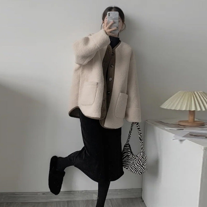 ボア ジャケット ノーカラー 長袖 レディース 秋冬 ゆったり 大きいサイズ きれいめ 上品 羽織 通勤 通学 ヘイズブルー アプリコット M-4XL