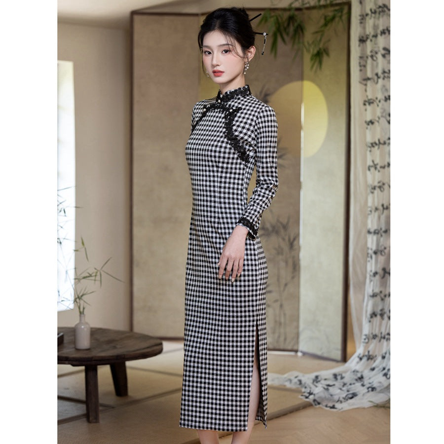 ギンガム格子 チャイナ風 ワンピース レディース 秋 長袖 とろみ素材 レース モノトーン ロング きれいめ オフィス映え 通勤 格子 S-3XL