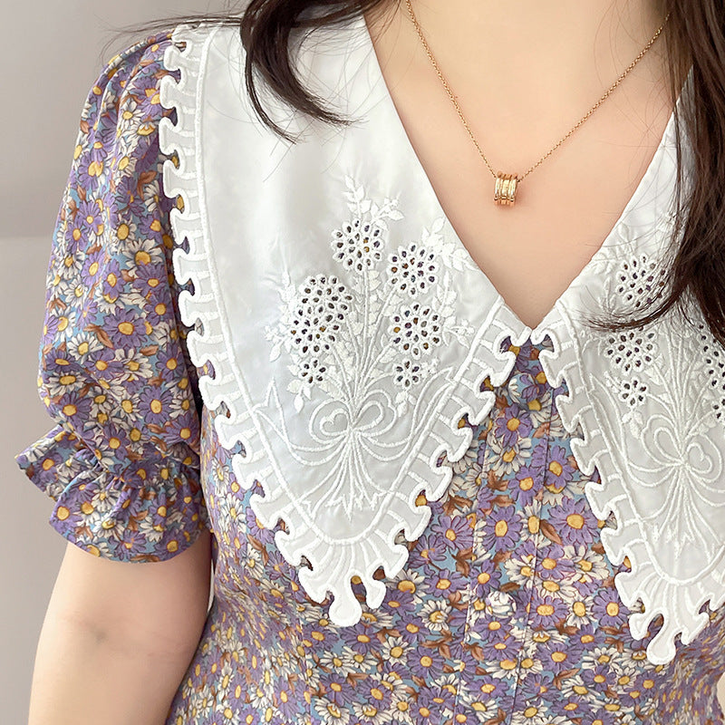 大きいサイズ ワンピース レディース 春 夏 刺繍 アート風 フレア シルエット