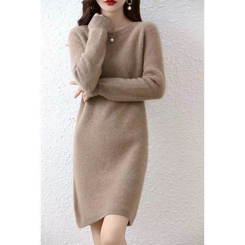 アイスシルク ニット ワンピース 長袖 きれいめ オフィス 通勤_レディース_夏 秋_涼しい 伸縮性 通気性 体型カバー 上品 ロング_グレーグリーン_M