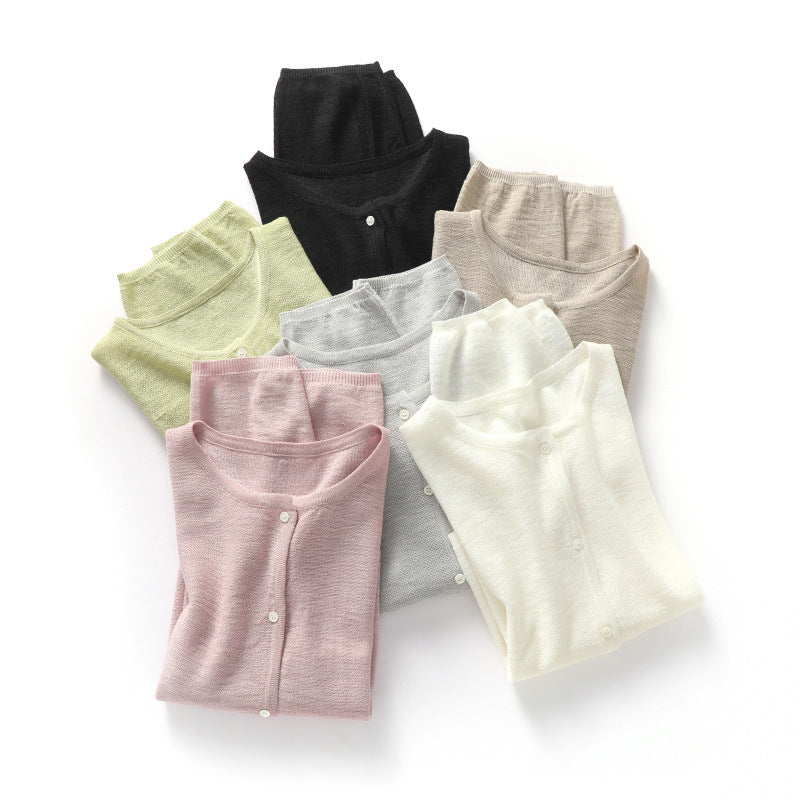 薄手日焼け止めジャケット 2023年夏新作ニット多用途長袖ラウンドネックトップスレディースアウターバンブーリネンルーズカーディガン