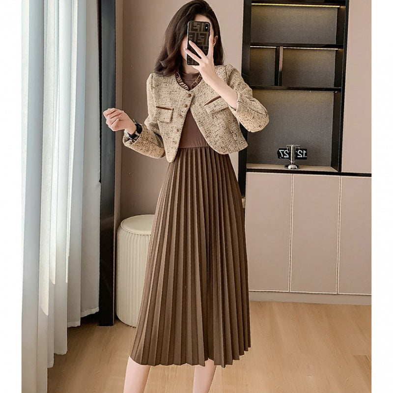 プリーツ ワンピース セットアップ ツイード風 ショートジャケット_レディース_秋_長袖 ロング 2way オフィス 通勤 上品 きれいめ_カーキセット/ブラックセット_S-2XL