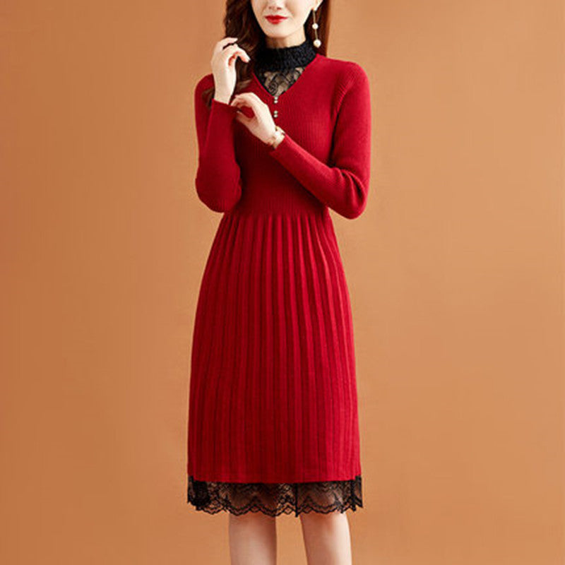 レース切替 リブ ニット ワンピース レディース 秋冬 長袖 プリーツ きれいめ 上品 オフィス映え 体型カバー ロング 秋 きれいめ ワンピース ルージュ フリー
