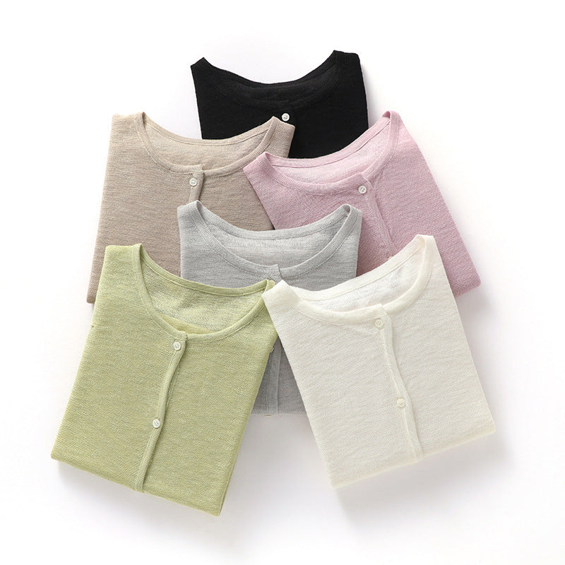 薄手日焼け止めジャケット 2023年夏新作ニット多用途長袖ラウンドネックトップスレディースアウターバンブーリネンルーズカーディガン