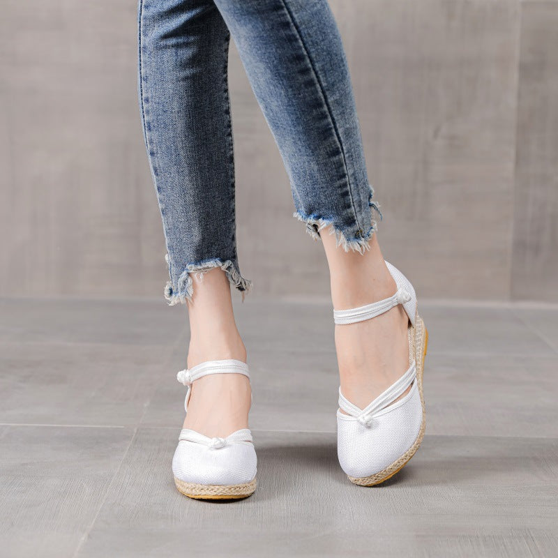 ウェッジヒール欧米サンダル 先のとがったつま先 麻ニット バックル