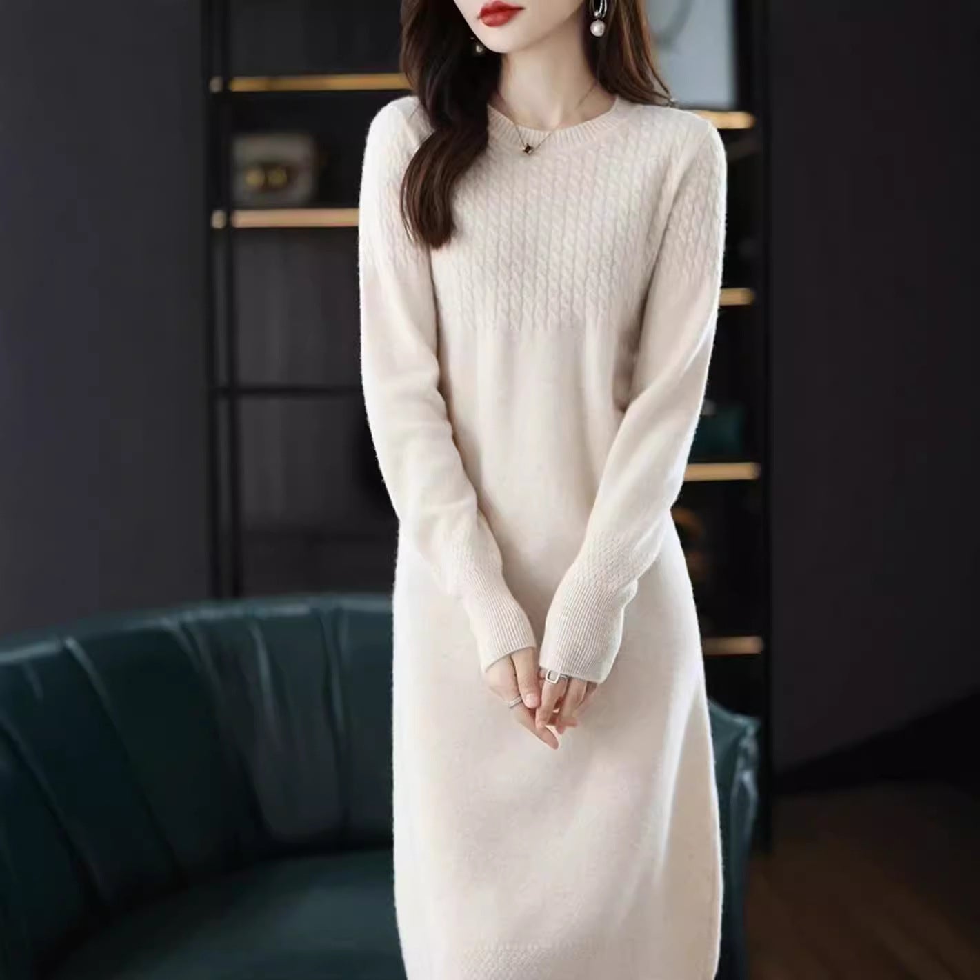 ケーブル編み ニット ワンピース ロング 長袖_レディース_秋冬_きれいめ 上品 体型カバー オフィス映え_キャメル ワンサイズ