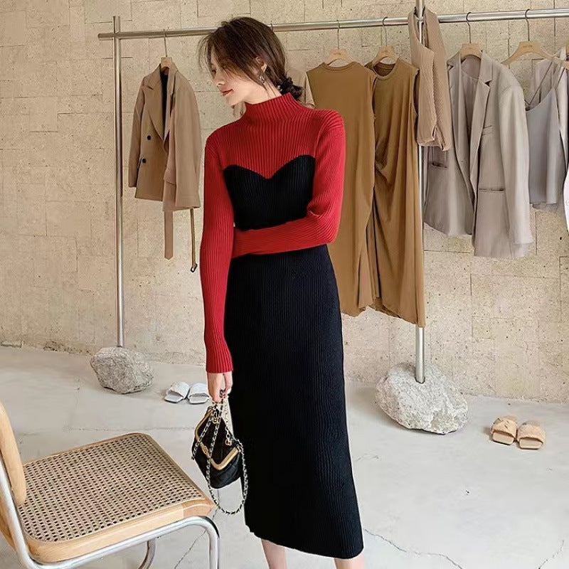 リブニット バイカラー ワンピース レディース 秋冬 ハイネック ロング 長袖 きれいめ オフィス 通勤 上品 大きいサイズ ブラック/レッド S-2XL