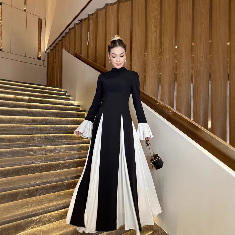 欧米風 春夏 ラッパ袖 配色 ワンピース 着痩せ きれいめ 大人 カジュアル