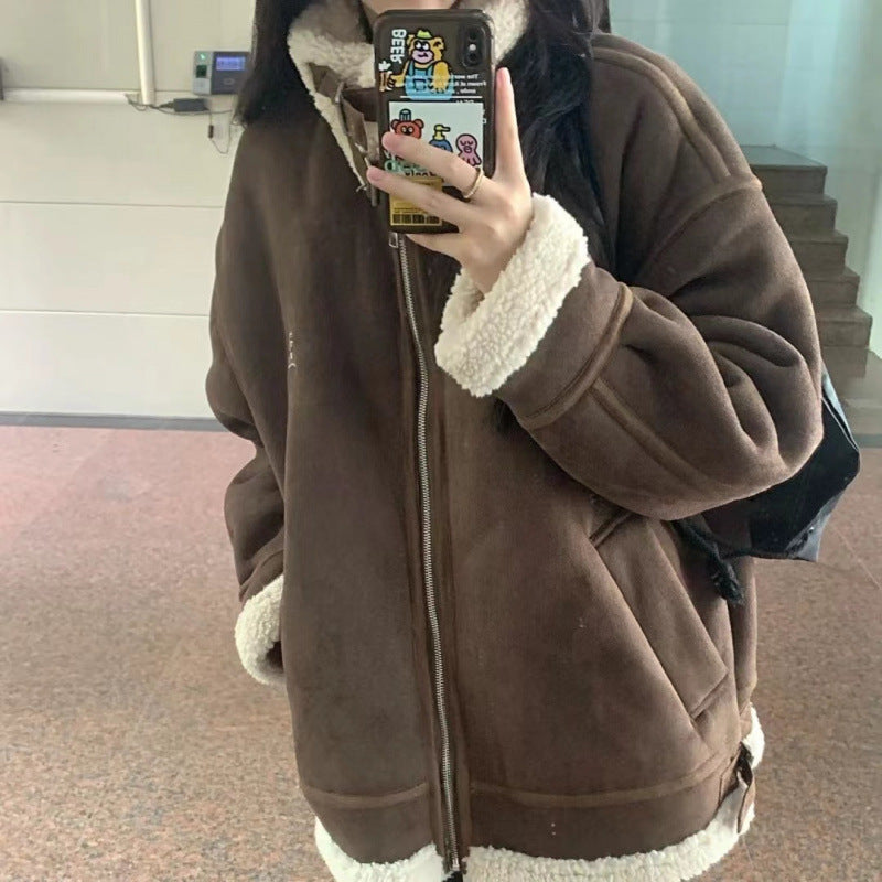 ムートン風 ボアジャケット レディース 秋冬 裏ボア ジップアップ 綿混 ゆったり 大きめ 通勤 通学 ブラウン S-XL