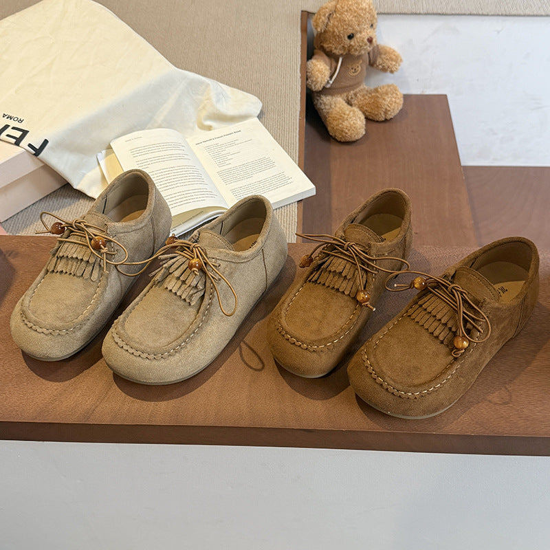 フリンジ モカシン ローファー フラットソール レディース 秋冬 レースアップ 軽やか 通気性 抜群 つま先あり 上品 おしゃれ_カーキ/ブラウン 35-40
