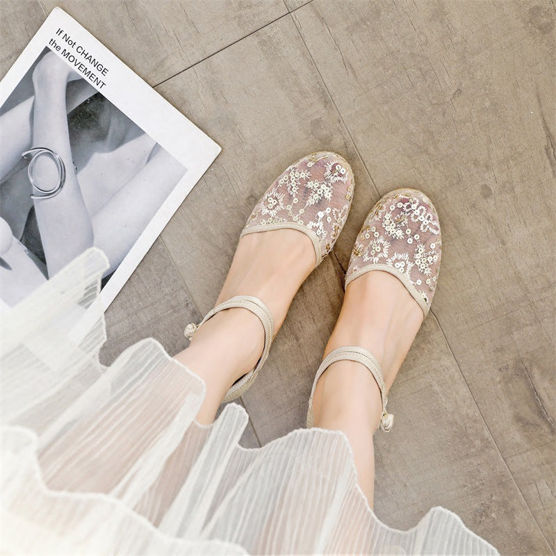 レディースサンダル ウェッジヒール メッシュ 麻ニット