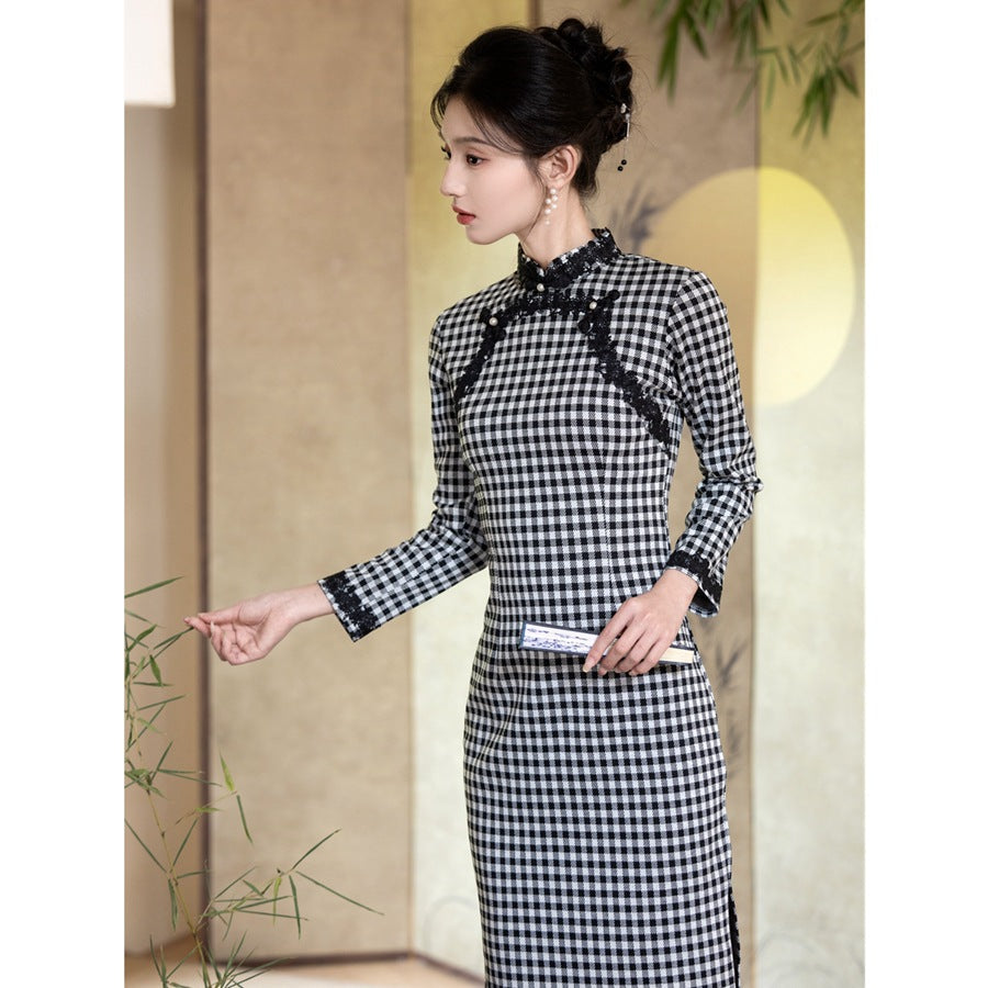 ギンガム格子 チャイナ風 ワンピース レディース 秋 長袖 とろみ素材 レース モノトーン ロング きれいめ オフィス映え 通勤 格子 S-3XL