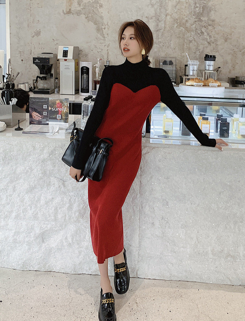 リブニット バイカラー ワンピース レディース 秋冬 ハイネック ロング 長袖 きれいめ オフィス 通勤 上品 大きいサイズ ブラック/レッド S-2XL