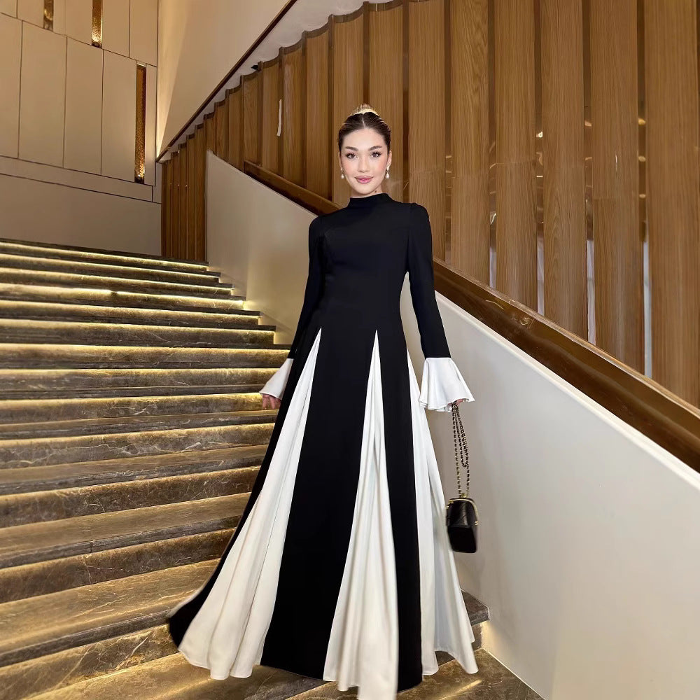 欧米風 春夏 ラッパ袖 配色 ワンピース 着痩せ きれいめ 大人 カジュアル