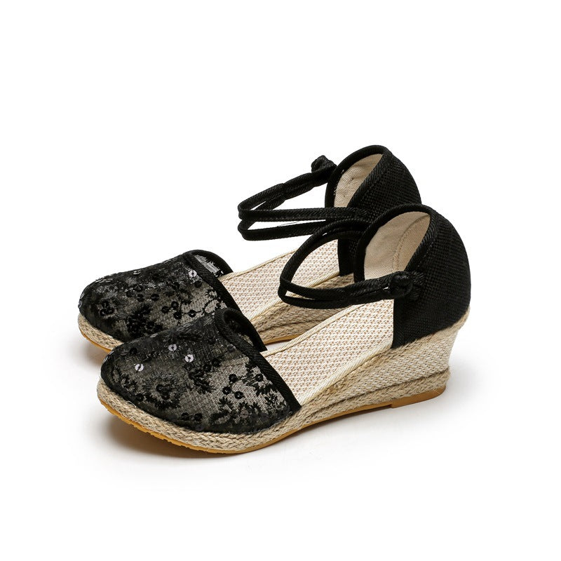 レディースサンダル ウェッジヒール メッシュ 麻ニット