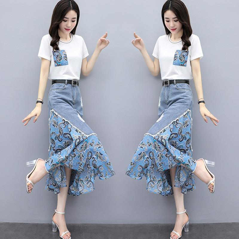 白 デニム ワンピース 春夏 2点セット フェミニン ロングスカート スーツ風