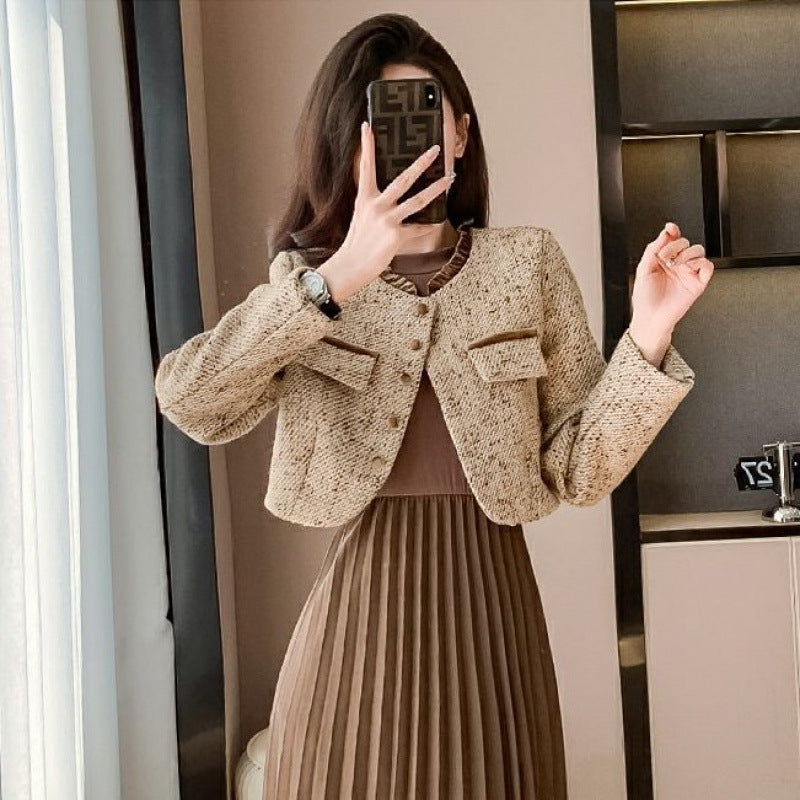 プリーツ ワンピース セットアップ ツイード風 ショートジャケット_レディース_秋_長袖 ロング 2way オフィス 通勤 上品 きれいめ_カーキセット/ブラックセット_S-2XL