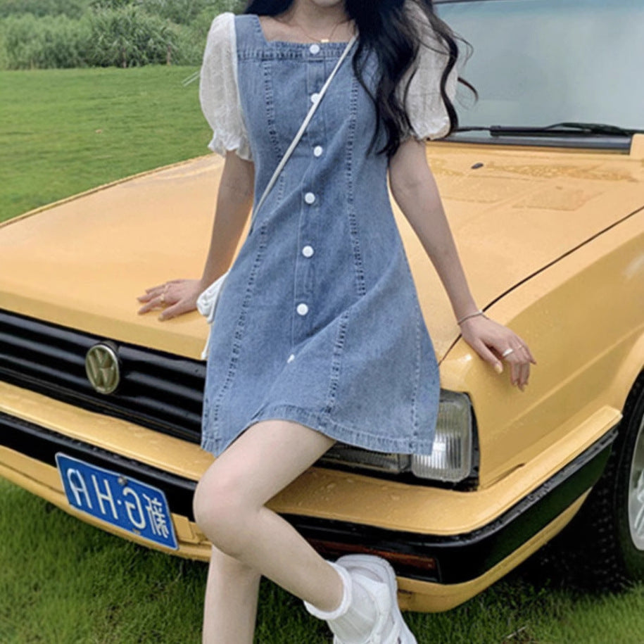 フランス風 夏 新作 小柄 パフスリーブ デニム ワンピース レディース 高級感 デザイン感◎