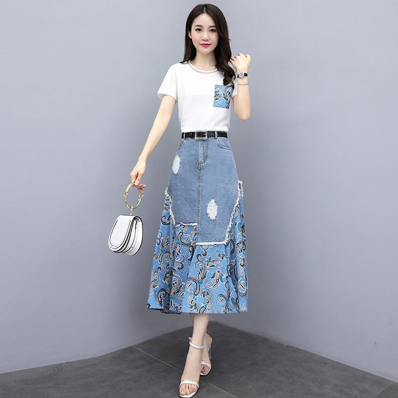 白 デニム ワンピース 春夏 2点セット フェミニン ロングスカート スーツ風