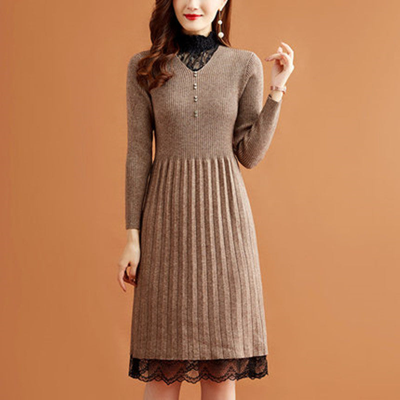 レース切替 リブ ニット ワンピース レディース 秋冬 長袖 プリーツ きれいめ 上品 オフィス映え 体型カバー ロング 秋 きれいめ ワンピース ルージュ フリー